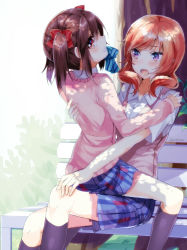 Rule 34 | 10s, 2girls, bad id, bad pixiv id, bench, bow, brown eyes, brown hair, dappled sunlight, grin, hair bow, long sleeves, looking at viewer, looking back, love live!, love live! school idol project, mouth hold, multiple girls, nishikino maki, nochita shin, open mouth, purple eyes, red hair, ribbon, ribbon in mouth, shirt, short sleeves, sitting, sitting on lap, sitting on person, skirt, smile, sunlight, sweater, twintails, vest, yazawa nico, yuri