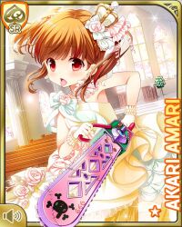 Rule 34 | 1girl, :o, amari akari, bow, brown hair, card (medium), chainsaw, character name, crown, dress, frills, girlfriend (kari), gloves, indoors, mini crown, nail polish, official art, open mouth, pink bow, qp:flapper, red eyes, school, shoes, solo, standing, tagme, tongue, tongue out, wedding dress, white bow, white dress, white gloves