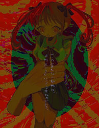 Rule 34 | 1girl, abstract background, aegyo sal, black bow, black ribbon, bow, breasts, brown hair, crying, crying with eyes open, disembodied hand, feet out of frame, film grain, green shirt, hair bow, highres, in palm, long hair, long sleeves, medium breasts, multicolored background, multiple hair bows, nayo (kr 000515), neck ribbon, open mouth, orange eyes, oval, pleated skirt, raised eyebrows, red background, ribbon, sayonara wo oshiete, shirt, size difference, skirt, solo focus, strap slip, tamachi mahiru, tears, translation request, twintails, wide-eyed