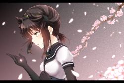 Rule 34 | 1girl, anchor symbol, black headband, black sailor collar, blush, breasts, bright pupils, brown hair, cherry blossoms, clothes writing, flower, from side, gradient background, hachimaki, hair flaps, hair tie, hand on own chest, hatsuzuki (kancolle), headband, highres, kantai collection, letterboxed, low ponytail, medium hair, nuka (nvkka), parted lips, patterned background, petals, pink flower, profile, puffy short sleeves, puffy sleeves, ringed eyes, sailor collar, school uniform, serafuku, shirt, short sleeves, sidelocks, small breasts, solo, underbust, upper body, white shirt, yellow eyes