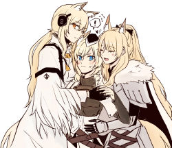 Rule 34 | !, 3girls, animal ear fluff, animal ears, arknights, armor, aunt and niece, black bow, black headwear, blemishine (arknights), blue eyes, blush, bow, breastplate, cape, closed eyes, commentary request, from side, fur-trimmed armor, fur trim, garrison cap, gauntlets, hair bow, hand on another&#039;s waist, hat, headset, heart, high ponytail, highres, holding hands, horse ears, horse girl, hug, implied extra ears, kingdom of kazimierz logo, korean commentary, looking at viewer, low ponytail, multiple girls, nearl (arknights), nearl the radiant knight (arknights), ong (fyza2772), open mouth, orange eyes, plate armor, ponytail, siblings, simple background, sisters, smile, speech bubble, sweatdrop, whislash (arknights), white background, white cape