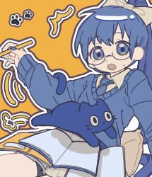 Rule 34 | 1girl, :o, ^^^, bike shorts, blue eyes, blue hair, blue nails, blue necktie, blue sweater, book, book on lap, bow, cai (cabbage 0j0), cat, collared shirt, commentary, cowboy shot, glasses, hair bow, hand up, highres, holding, holding pen, jumping, long hair, long sleeves, necktie, open book, orange background, over! (vocaloid), paw print, pen, pleated skirt, ponytail, puff of air, raised eyebrows, shirt, simple background, skirt, solo, surprised, sweater, symbol-only commentary, tail around arm, very long hair, vocaloid, white bow, white shirt, white skirt