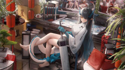 Rule 34 | 1girl, absurdres, alternate costume, animal ear fluff, animal ears, anklet, arknights, bare legs, bare shoulders, barefoot, bead bracelet, beads, black hair, black pantyhose, blue hair, blue skin, blush, bonsai, book, bookshelf, box, bracelet, breasts, brown eyes, calligraphy brush, cardboard box, chair, china dress, chinese clothes, cleavage, cleavage cutout, clock, closed mouth, clothing cutout, colored skin, commentary request, couch, crossed legs, cup, desk lamp, dress, drinking glass, dusk (arknights), earrings, eyelashes, feather boa, feet, flower, folding fan, full body, hair between eyes, hair intakes, hair over one eye, hairband, hand fan, highres, holding, holding cup, holding fan, holding sword, holding weapon, hongbao, horns, indoors, jewelry, lamp, lantern, legs, light smile, lin (arknights), ling (arknights), ling dianxia, long hair, long legs, looking at viewer, medium breasts, monitor, mouse ears, navel, navel cutout, nian (arknights), no shoes, on chair, paintbrush, pantyhose, paper lantern, parted lips, pink hair, plant, pointy ears, ponytail, potted plant, purple eyes, red dress, red eyes, red hairband, round window, saucer, scroll, sheath, sheathed, shelf, short dress, siblings, side slit, sidelocks, single earring, sisters, sitting, skirt, sleeveless, sleeveless dress, slit pupils, smile, solo, strapless, strapless dress, sword, table, tail, tassel, tassel earrings, teacup, teapot, thigh strap, toes, tree, vase, very long hair, weapon, white hair, window, wine glass