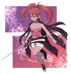 Rule 34 | 1girl, bandages, bandaged leg, bandages, barefoot, black cape, breasts, bright pupils, cape, commentary, english commentary, full body, hair between eyes, high ponytail, highres, holding, holding sword, holding weapon, lamb-oic029, leotard, medium breasts, navel, orange eyes, original, pink leotard, rapier, red hair, smile, solo, sword, torn cape, torn clothes, weapon, white pupils