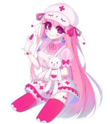 Rule 34 | 1girl, ariimaw, artist name, closed mouth, clothing cutout, commission, cropped legs, cross, garter straps, gloves, gradient hair, hat, heart cutout, highres, holding, holding stuffed toy, holding syringe, long eyelashes, long hair, looking at viewer, multicolored hair, neck ribbon, nurse, original, pink eyes, pink hair, red cross, ribbon, short sleeves, simple background, solo, stuffed animal, stuffed toy, syringe, teddy bear, thighhighs, white background, white hair