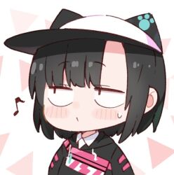 Rule 34 | 1girl, animal ears, animal hat, averting eyes, baseball cap, black hair, black hoodie, blush, cat ears, cat hat, chibi, closed mouth, collared shirt, commentary, denonbu, fake animal ears, fanny pack, hat, hood, hoodie, kurogane tama, looking to the side, musical note, paw print, purin a la mode (popup), sanpaku, shirt, short hair, solo, sweatdrop, symbol-only commentary, upper body, whistle, white shirt