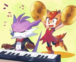 Rule 34 | 1boy, 1girl, alternate costume, arms up, black jacket, bow, bowtie, brown gloves, closed eyes, cymbals, dress, fang, fang the sniper, furry, furry female, furry male, gloves, highres, instrument, jacket, keyboard (instrument), musical note, open clothes, open jacket, open mouth, plus2sf, red bow, red bowtie, red dress, shirt, shoes, sleeveless, sleeveless dress, sonic (series), tail, trip the sungazer, white shirt