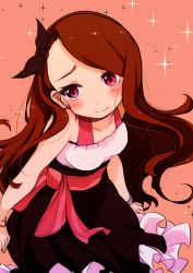 Rule 34 | 1girl, blush, bow, brown hair, collarbone, dress, earrings, frilled dress, frills, hair bow, highres, idolmaster, idolmaster (classic), jewelry, long hair, minase iori, pikomarie, pink eyes, solo, sparkle, striped
