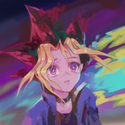 Rule 34 | 1boy, belt collar, black shirt, blonde hair, collar, commentary, crying, dyed bangs, floating hair, hejia abby, jacket, looking up, male focus, multicolored hair, muto yugi, parted lips, pink eyes, red hair, shirt, solo, spiked hair, yu-gi-oh!
