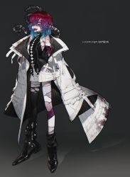 Rule 34 | 1other, androgynous, ankle boots, black footwear, blue hair, boots, breasts, coat, fangs, full body, gradient hair, grey background, highres, knocker (pigeon666), looking at viewer, multicolored hair, open clothes, open coat, open mouth, original, patchwork skin, pigeon666, red hair, simple background, single thighhigh, small breasts, snake, solo, standing, stitched arm, stitched face, stitches, thighhighs, tongue, tongue out, torn clothes, torn thighhighs, two-tone hair, white coat, white eyes, zombie
