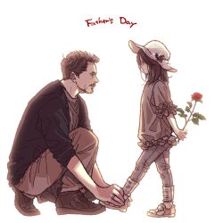 Rule 34 | 1boy, 1girl, avengers: endgame, avengers (series), child, closed mouth, commentary request, denim, english text, facial hair, father&#039;s day, father and daughter, flower, hat, hat flower, highres, holding, holding flower, jacket, jewelry, leaf, long sleeves, looking at another, marvel, marvel cinematic universe, medium hair, mochishio, morgan stark, open clothes, open jacket, pants, puffy short sleeves, puffy sleeves, red flower, red rose, ring, rose, shirt, shoes, short hair, short sleeves, simple background, smile, sneakers, socks, standing, t-shirt, tony stark, white background