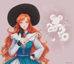 Rule 34 | 1girl, 2020, black bow, bow, brooch, cloud, crown, curly hair, dress, green dress, hand on own hip, highres, jewelry, lips, long hair, mouse (animal), orange eyes, orange hair, original, solo, sunlight (kpxv3583), tan background, very long hair, wand, wavy hair, witch, wizard