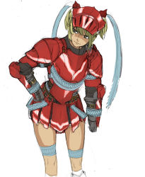 Rule 34 | 1girl, armor, capcom, gauntlets, hand on own hip, helmet, hermitaur (armor), leaning forward, looking away, monster hunter (series), smile, solo, taaki (taki0123), twintails, white background, yellow eyes