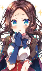 Rule 34 | 1girl, :o, artist name, blue bow, blue eyes, blue gloves, blush, bow, breasts, brown hair, commentary request, elbow gloves, fate/grand order, fate (series), forehead, gloves, hand up, highres, leonardo da vinci (fate), leonardo da vinci (fate/grand order), leonardo da vinci (rider) (fate), long hair, looking at viewer, parted bangs, parted lips, puff and slash sleeves, puffy short sleeves, puffy sleeves, sakura tsubame, short sleeves, small breasts, solo, sparkle background, star (symbol), star print, white background