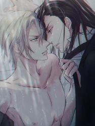 Rule 34 | 2boys, black hair, black necktie, blonde hair, blue eyes, collar, collarbone, earrings, eyelashes, face-to-face, final fantasy, final fantasy vii, final fantasy vii remake, highres, jewelry, looking at another, male focus, multiple boys, necktie, nipples, parted lips, pectorals, pectorals, ponco pacoooon, red eyes, rufus shinra, shirt, short hair, square enix, topless male, tseng, turks (ff7), wet, white shirt, yaoi