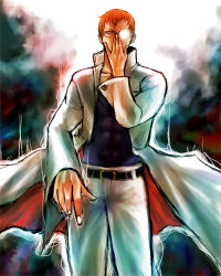 Rule 34 | 1boy, belt, brown eyes, capcom, formal, glasses, hidden eyes, jacket, justice gakuen, kagami kyousuke, long sleeves, looking at viewer, male focus, one eye covered, open clothes, open jacket, orange hair, reflection, shiritsu justice gakuen, solo, standing, suit, white suit