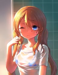 Rule 34 | 1girl, blonde hair, blue eyes, bra, commentary request, elina lavrentieva, hair between eyes, highres, long hair, looking at viewer, neit ni sei, one eye closed, original, shadow, shirt, short sleeves, solo, tile wall, tiles, twintails, underwear, upper body, wet, wet clothes, wet shirt, white shirt