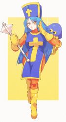 Rule 34 | 1girl, blue hair, blue hat, dragon quest, hat, healslime, highres, orange hair, outside border, simple background, skin tight, solo, square enix, tabard, tagme, yellow background, yellow theme