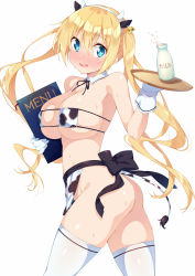 Rule 34 | 1girl, :d, animal ears, animal print, apron, ass, bare shoulders, bikini, bikini top only, blend s, blonde hair, blue eyes, blush, bottle, breasts, commentary request, cow ears, cow horns, cow print, cow tail, detached collar, ear tag, eyepatch bikini, fake animal ears, fake horns, gloves, hair between eyes, hairband, highres, hinata kaho, horns, kazuma (kazumav), large breasts, long hair, menu, milk, milk bottle, no panties, nose blush, open mouth, print apron, print bikini, simple background, smile, solo, sweat, swimsuit, tail, thighhighs, tray, twintails, very long hair, waist apron, white background, white gloves, white hairband, white thighhighs
