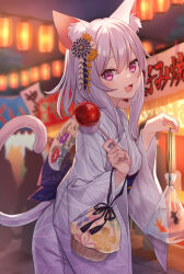 Rule 34 | 1girl, 3others, :d, animal ear fluff, animal ears, bag, bagged fish, blurry, candy apple, cat ears, cat girl, cat tail, depth of field, fish, food, goldfish, grey hair, japanese clothes, kimono, lantern, leaning forward, long sleeves, looking at viewer, multiple others, open mouth, original, paper lantern, purple eyes, sash, shikinagi, smile, solo focus, tail, white hair, wide sleeves, yukata