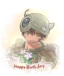 Rule 34 | 1boy, bare shoulders, brown hair, collarbone, happy birthday, helmet, made in abyss, male focus, regu (made in abyss), short hair, solo, tsukushi akihito, upper body, yellow eyes