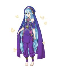 Rule 34 | 1girl, age regression, azura (fire emblem), barefoot, blue hair, braid, bug, butterfly, child, dress, feet, fire emblem, fire emblem fates, fire emblem heroes, highres, bug, jewelry, long hair, looking at viewer, necklace, nintendo, official art, solo, standing, twin braids, veil, yellow eyes, aged down