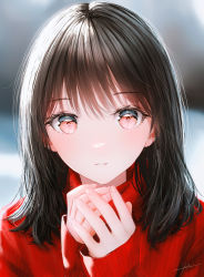 Rule 34 | 1girl, absurdres, black hair, blurry, blurry background, day, hair over shoulder, highres, light blush, long sleeves, looking at viewer, medium hair, ojay tkym, original, outdoors, own hands together, parted lips, pink eyes, red sweater, signature, smile, solo, standing, sunlight, sweater, upper body