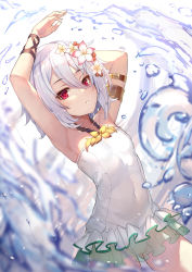 Rule 34 | 1girl, armlet, armpits, arms up, bare shoulders, cameltoe, commentary request, flower, frilled swimsuit, frills, hair between eyes, hair flower, hair ornament, highres, kokkoro (princess connect!), kokkoro (summer) (princess connect!), looking at viewer, musyne xsk, one-piece swimsuit, pointy ears, princess connect!, red eyes, short hair, solo, swimsuit, white hair, white one-piece swimsuit