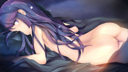 Rule 34 | 1girl, ass, back, blush, from behind, gc3, highres, long hair, looking at viewer, looking back, lying, on stomach, purple eyes, purple hair, shima rin, shiny skin, solo, yurucamp