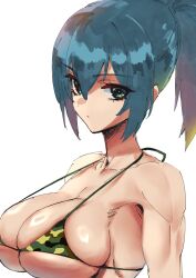Rule 34 | 1girl, bare shoulders, beniazumaru, bikini, blue eyes, blue hair, breasts, camouflage, camouflage bikini, cleavage, highres, large breasts, leona heidern, looking at viewer, muscular, muscular female, ponytail, simple background, skindentation, solo, string bikini, swimsuit, the king of fighters, underboob, white background
