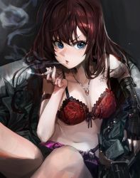 Rule 34 | &gt;:o, 10s, 1girl, :o, armlet, bag, bare shoulders, between fingers, black background, black gloves, black panties, blush, bra, breasts, cigarette, cleavage, collarbone, crescent, elbow gloves, fingernails, gem, gloves, handbag, holding, holding cigarette, ichinose shiki, idolmaster, idolmaster cinderella girls, jewelry, knees up, lingerie, long hair, midriff, modare, money, navel, necklace, open mouth, panties, pendant, red bra, red hair, red gemstone, simple background, smoke, smoking, solo, star (symbol), stomach, tattoo, thighs, tsurime, underwear, v-shaped eyebrows, very long hair