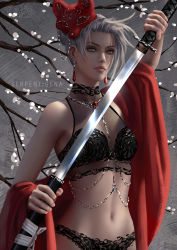 Rule 34 | 1girl, artist name, bra, branch, cherry blossoms, commentary, earrings, english commentary, fox mask, grey background, hair bun, holding, holding sword, holding weapon, jewelry, looking at viewer, mask, mask on head, navel, necklace, original, panties, red eyes, serpentigena, sheath, single hair bun, solo, sword, underwear, unsheathing, weapon