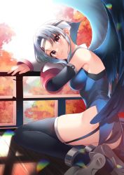 Rule 34 | 1girl, aquaplus, ass, autumn, autumn leaves, bare shoulders, black wings, breasts, cleavage, feathered wings, from behind, from side, full body, garter straps, gauntlets, headband, highres, koruri, large wings, leotard, leotard under clothes, light particles, looking at viewer, medium breasts, medium hair, mutsumi (utawarerumono), official art, pink eyes, red eyes, sideboob, sidelocks, silver hair, sitting, sleeveless, solo, sunlight, thighhighs, thighs, utawarerumono, utawarerumono: lost flag, utawarerumono: lost flag support illustration relay, wings