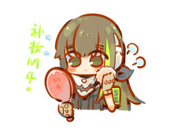 Rule 34 | 1girl, applying makeup, armband, blush, brown eyes, brown hair, chibi, chinese commentary, chinese text, closed mouth, commentary request, expressionless, flying sweatdrops, girls&#039; frontline, gloves, green armband, green hair, hand mirror, headphones, holding, holding mirror, long hair, looking at mirror, m4a1 (girls&#039; frontline), mask, mirror, multicolored hair, puff of air, skull mask, solo, streaked hair, su xiao jei, translation request, upper body, white background