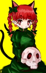 Rule 34 | 1girl, amii, animal ears, bad id, bad pixiv id, bow, braid, cat ears, cat girl, cat tail, extra ears, female focus, hair bow, kaenbyou rin, multiple tails, pointy ears, red eyes, red hair, skull, solo, tail, touhou
