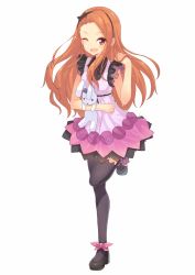 Rule 34 | 1girl, ;d, black footwear, black thighhighs, blush, brown eyes, brown hair, dress, tucking hair, hairband, highres, idolmaster, idolmaster (classic), kame^^, long hair, minase iori, one eye closed, open mouth, shoes, smile, solo, standing, standing on one leg, stuffed animal, stuffed rabbit, stuffed toy, thighhighs, white background