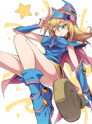 Rule 34 | 1girl, blonde hair, blue footwear, blush, boots, breasts, closed mouth, commentary request, dark magician girl, duel monster, green eyes, hand up, hat, highres, holding, long hair, looking at viewer, one eye closed, pentacle, shimure (460), smile, solo, staff, star (symbol), w, wizard hat, yu-gi-oh!