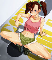 Rule 34 | 1girl, arm support, armpit peek, bakusou kyoudai let&#039;s &amp; go!!, blue eyes, breasts, brown hair, covered erect nipples, hair ribbon, highres, large breasts, legs, looking at viewer, midriff, navel, oogami marina, qkat (arikawa-dou), ribbon, shorts, sleeveless, smile, solo, squatting, sweat, tank top, thighs, toned, twintails
