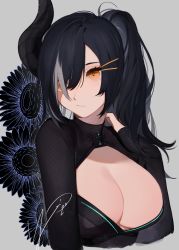 Rule 34 | absurdres, black flower, black hair, black shirt, breasts, cleavage, cleavage cutout, clothing cutout, flower, grey background, hair ornament, hairpin, highres, horns, large breasts, original, ponytail, shirt, simple background, solo, swept bangs, yellow eyes, yoimon