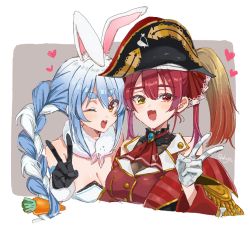 Rule 34 | 2girls, animal ear fluff, animal ears, blue hair, blush, braid, breasts, carrot hair ornament, dakuryuu, food-themed hair ornament, hair ornament, hair ribbon, hat, heterochromia, hololive, houshou marine, houshou marine (1st costume), large breasts, long hair, looking at viewer, multicolored hair, multiple girls, one eye closed, open mouth, rabbit ears, red eyes, red hair, ribbon, smile, twin braids, twintails, two-tone hair, usada pekora, usada pekora (1st costume), v, virtual youtuber, white hair, yellow eyes