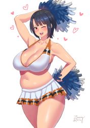 Rule 34 | 1girl, ;d, alternate costume, arm up, artist name, black hair, blush, breasts, cheerleader, cleavage, collarbone, cowboy shot, curvy, dated, hand on own hip, heart, holding, kantai collection, large breasts, looking at viewer, miniskirt, navel, one eye closed, open mouth, pleated skirt, plump, red eyes, short hair, simple background, skirt, sleeveless, smile, solo, standing, stomach, strap gap, takao (kancolle), teeth, thighs, white background, white skirt, zheng