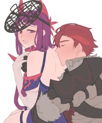 Rule 34 | 1boy, 1girl, absurdres, armor, bare shoulders, closed eyes, couple, detached sleeves, diamant (fire emblem), dress, ebinku, elbow gloves, fascinator, fire emblem, fire emblem engage, fur trim, gloves, hetero, highres, ivy (fire emblem), long hair, looking at another, matching hair/eyes, mole, mole under mouth, nintendo, purple eyes, purple hair, short hair, shoulder armor, sleeveless, sleeveless dress, white background, white gloves