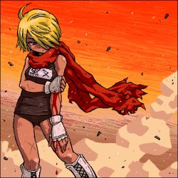 Rule 34 | 1girl, black one-piece swimsuit, bleeding, blonde hair, blood, cuts, dutch angle, fingerless gloves, gloves, hair over one eye, injury, leaning, lowres, name tag, oekaki, one-piece swimsuit, red scarf, red sky, scarf, school swimsuit, sky, solo, swimsuit, wind