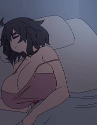 Rule 34 | 1girl, ahoge, animated, bed, bouncing breasts, breasts, brown hair, cleavage, closed eyes, collarbone, huge breasts, insomnia-chan, kay yu, original, pillow, short hair, solo, split mouth, under covers, video