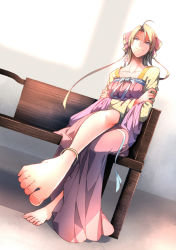 Rule 34 | 10s, 1boy, anklet, barefoot, bench, blonde hair, blue eyes, crossed arms, dress, earrings, feet, foot focus, highres, jewelry, long hair, looking at viewer, original, reikenzan: hoshikuzu-tachi no utage, smile, solo, toes, trap, victorian, zhuhua44