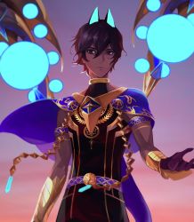 Rule 34 | arjuna (fate), arjuna alter (fate), collar, dark skin, expressionless, fate/grand order, fate (series), fishy 721, floating, highres, holding, looking at viewer, short hair, solo, sunset