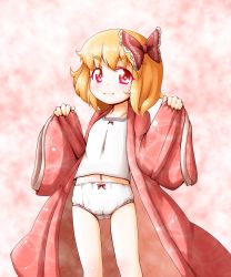 Rule 34 | 1girl, blonde hair, bloomers, bow, hair bow, hair ribbon, highres, japanese clothes, kimono, long sleeves, looking at viewer, midriff, navel, open clothes, open kimono, panties, red eyes, ribbon, roco (katsuya1011), rumia, smile, solo, touhou, undershirt, underwear, wide sleeves