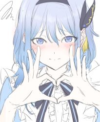 Rule 34 | 1girl, absurdres, apron, black hairband, black ribbon, blue dress, blue eyes, blue hair, blush, center frills, ciel (kamitsubaki studio), closed mouth, commentary request, dress, embarrassed, frills, furrowed brow, hair ornament, hairband, hands up, heart, heart hands, highres, kamitsubaki studio, kino (kin0 oz), light blue hair, light frown, looking at viewer, maid apron, medium hair, neck ribbon, raised eyebrows, ribbon, simple background, sketch, solo, squiggle, striped ribbon, tassel, tassel hair ornament, upper body, virtual youtuber, white apron, white background