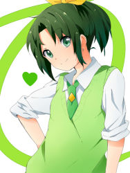 Rule 34 | 10s, 1girl, bad id, bad pixiv id, green eyes, green hair, green necktie, green sweater vest, hand on own hip, heart, hip focus, matching hair/eyes, midorikawa nao, necktie, nifu, ponytail, precure, school uniform, sleeves rolled up, smile, smile precure!, solo, sweater vest