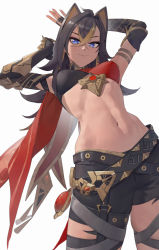 Rule 34 | 1girl, absurdres, belt, black belt, black hair, black shorts, blonde hair, blue eyes, breasts, commentary, cowboy shot, dehya (genshin impact), genshin impact, hair between eyes, hair intakes, highres, long hair, looking at viewer, medium breasts, midriff, navel, pointy hair, short shorts, shorts, simple background, smile, solo, standing, stomach, thighs, white background, zhoi star